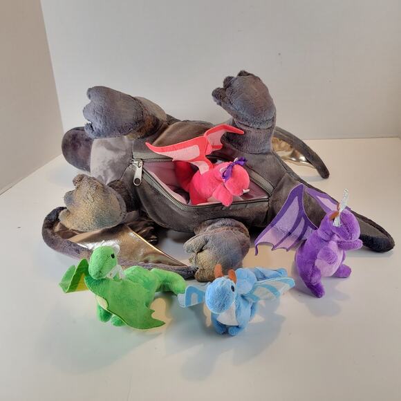 Gold & Gray Dragon Plush & 5 Mini Dragons Inside 15" Stuffed Animal Plushy - Picture 4 of 11